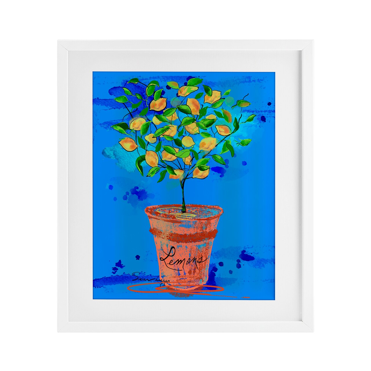Stupell Industries Potted Lemons Vivid Blue Framed Print Under Glass, design by Susan Lugar